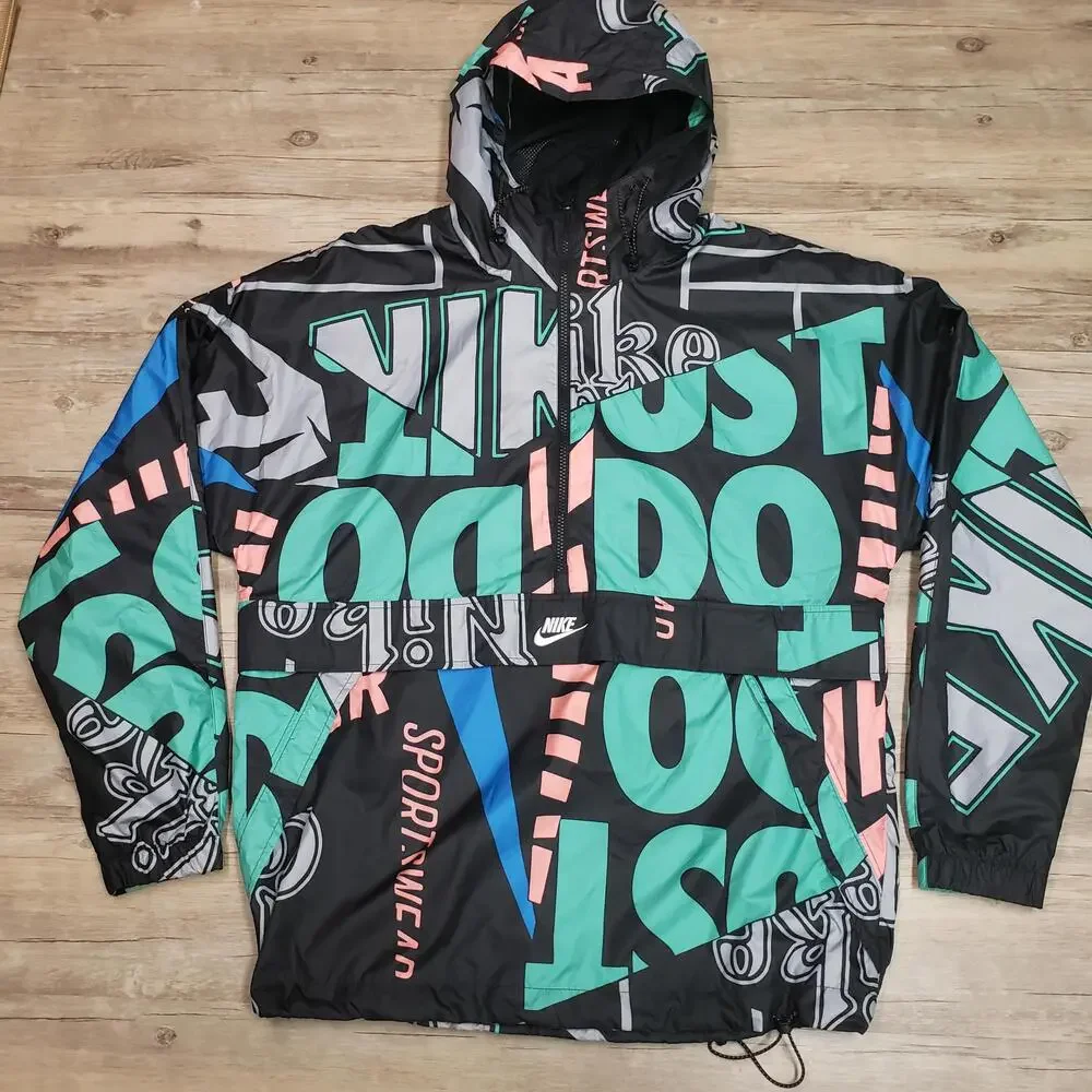 Nike IDJ Jacket Mens M Multicolor Just Do It Hooded 1/2 Zip Windbreaker All Over